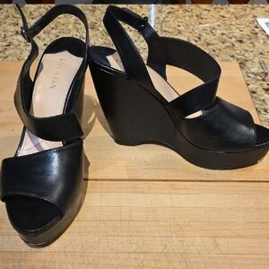 Prada Black Leather Wedge Sandals